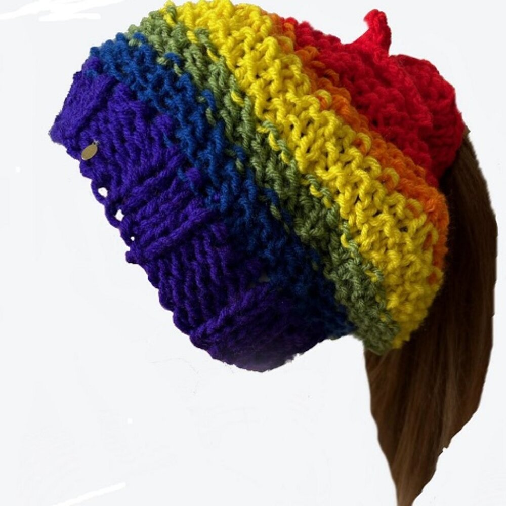 Gay Pride, LGBT Knit Ponytail Hat or Messy Bun Hat, Hair Sleeve and Earmuff Pads